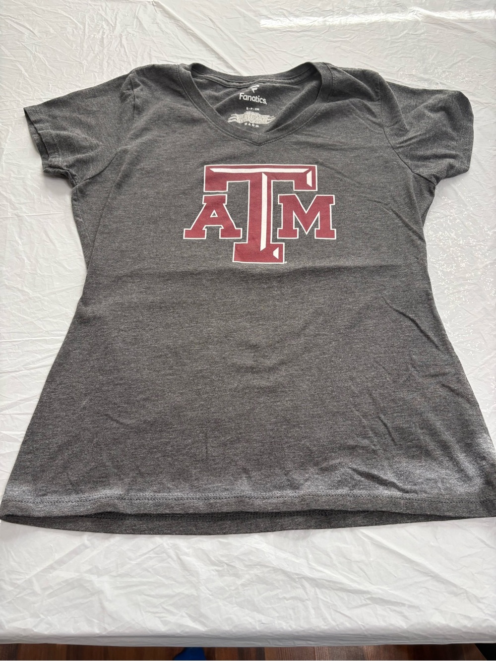 Fanatics Women's Charcoal Gray V-Neck Tee with Maroon ATM Logo